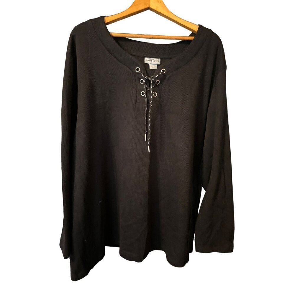 Liz & Me Catherines Sweater Women's 3X 26-28W Black Grommet Tie Long Sleeve NWT